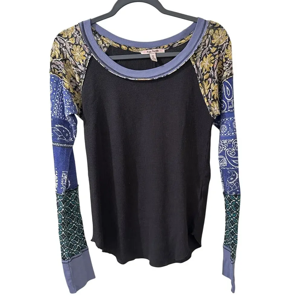 Free People Mixed Print Thermal Top Waffle Knit Raglan Bandana Print Boho M